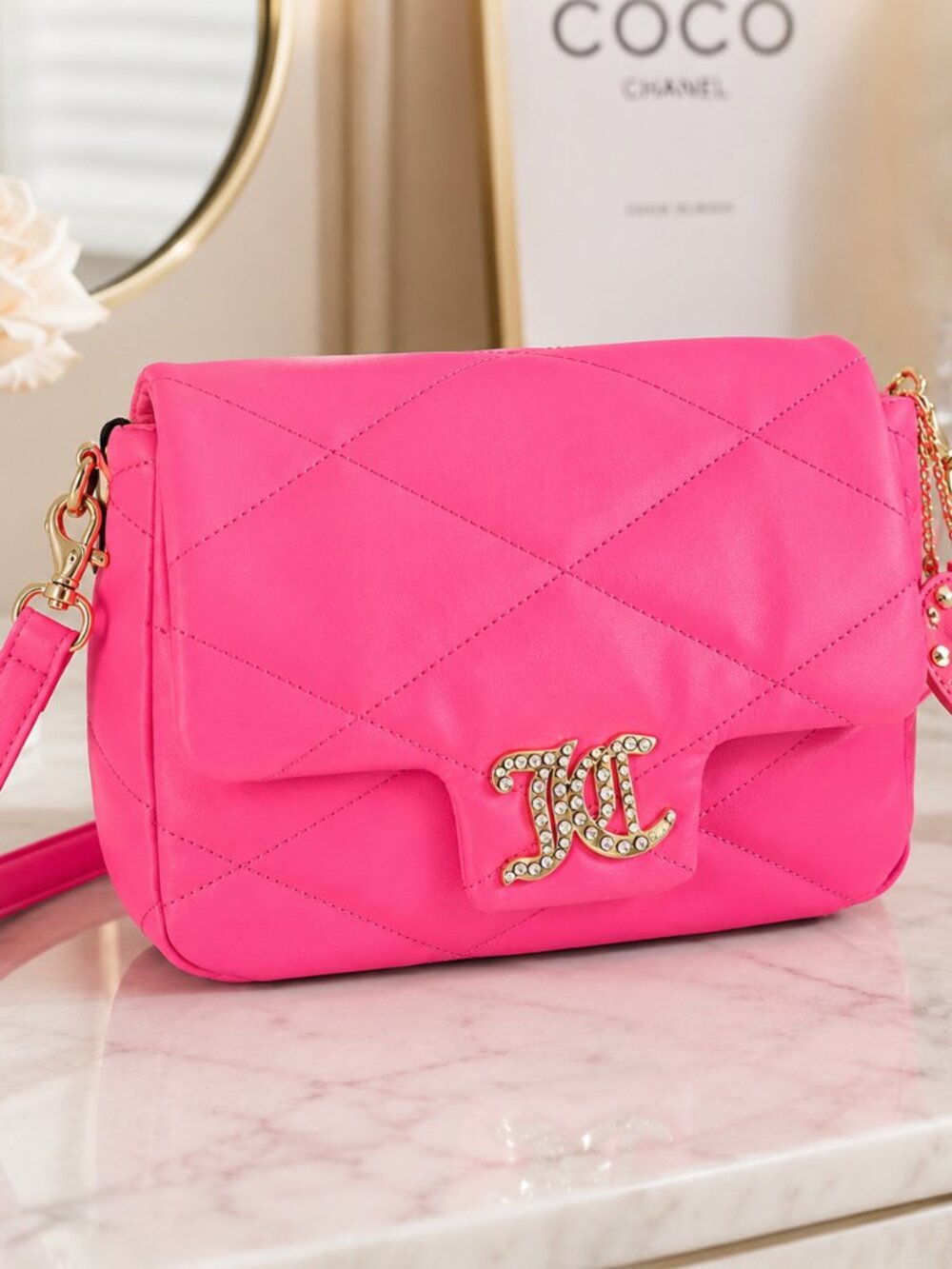 Juicy Couture Pink Lemonade Quilted Crossbody Bag Rhinestone JC Logo NWT